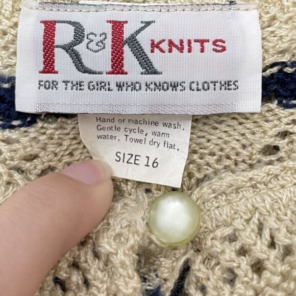 Vintage RK Knits Youth Sweater Girl Size 14  Knitted Striped Blue Beige Stretch - Picture 5 of 13